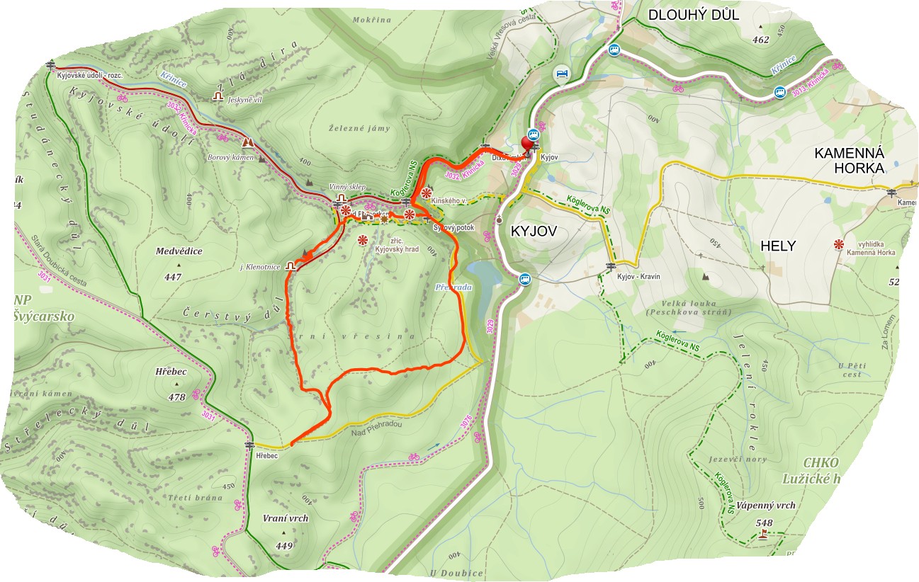 mapa Kyjov - Klenotnice - Hřebec