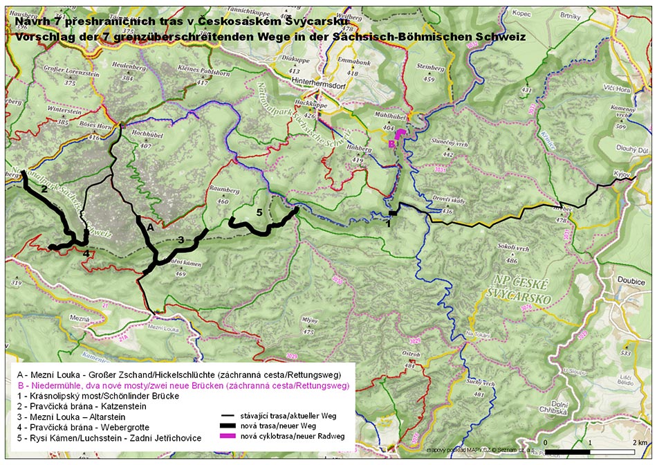 Mapa, Návrh sedmi přeshraničních tras v Českosaském Švýcarsku
