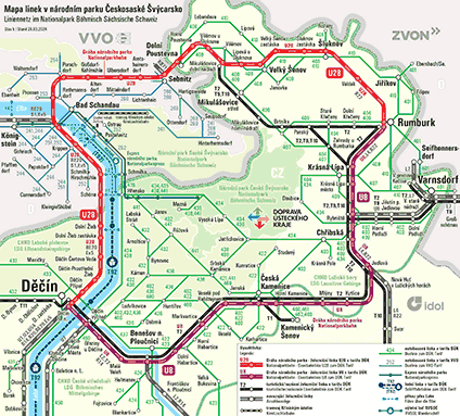 Mapa turistických linek v národním parku Českosaské Švýcarsko