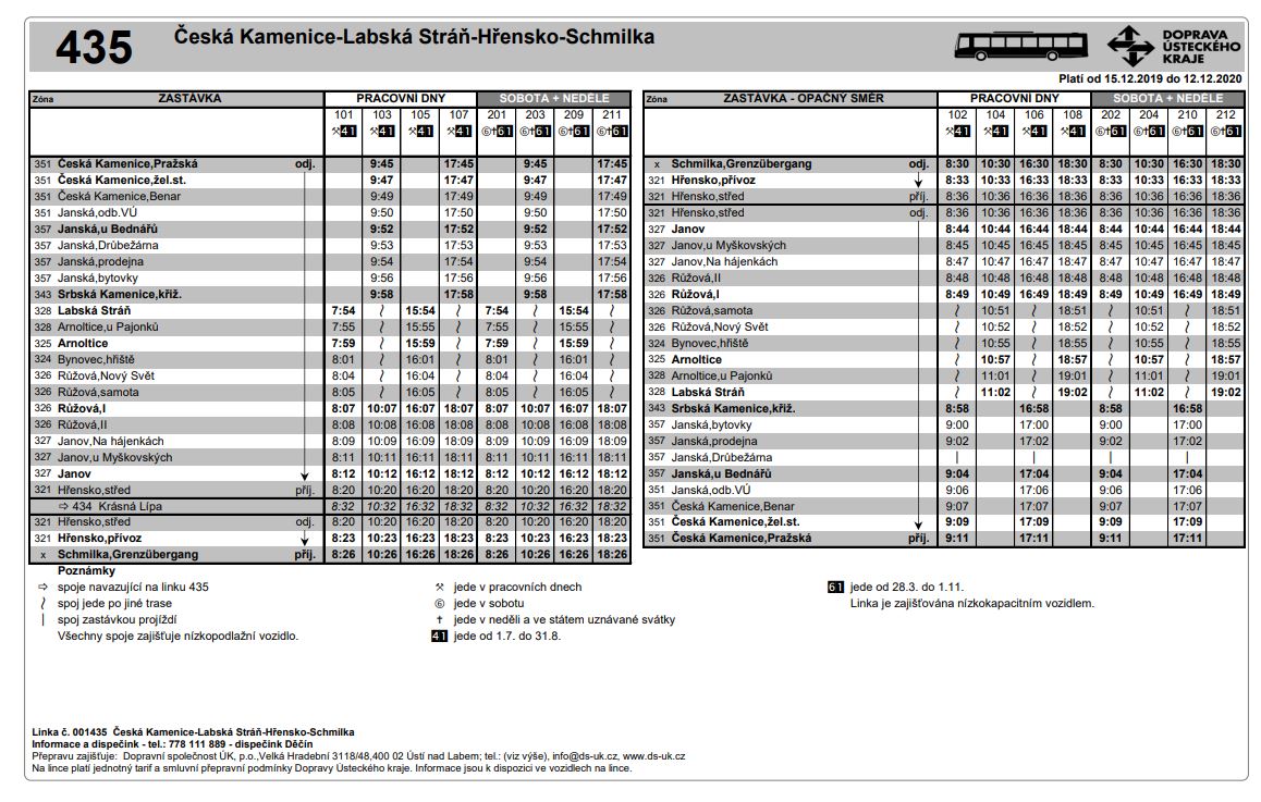 Jízdní řád linky 435