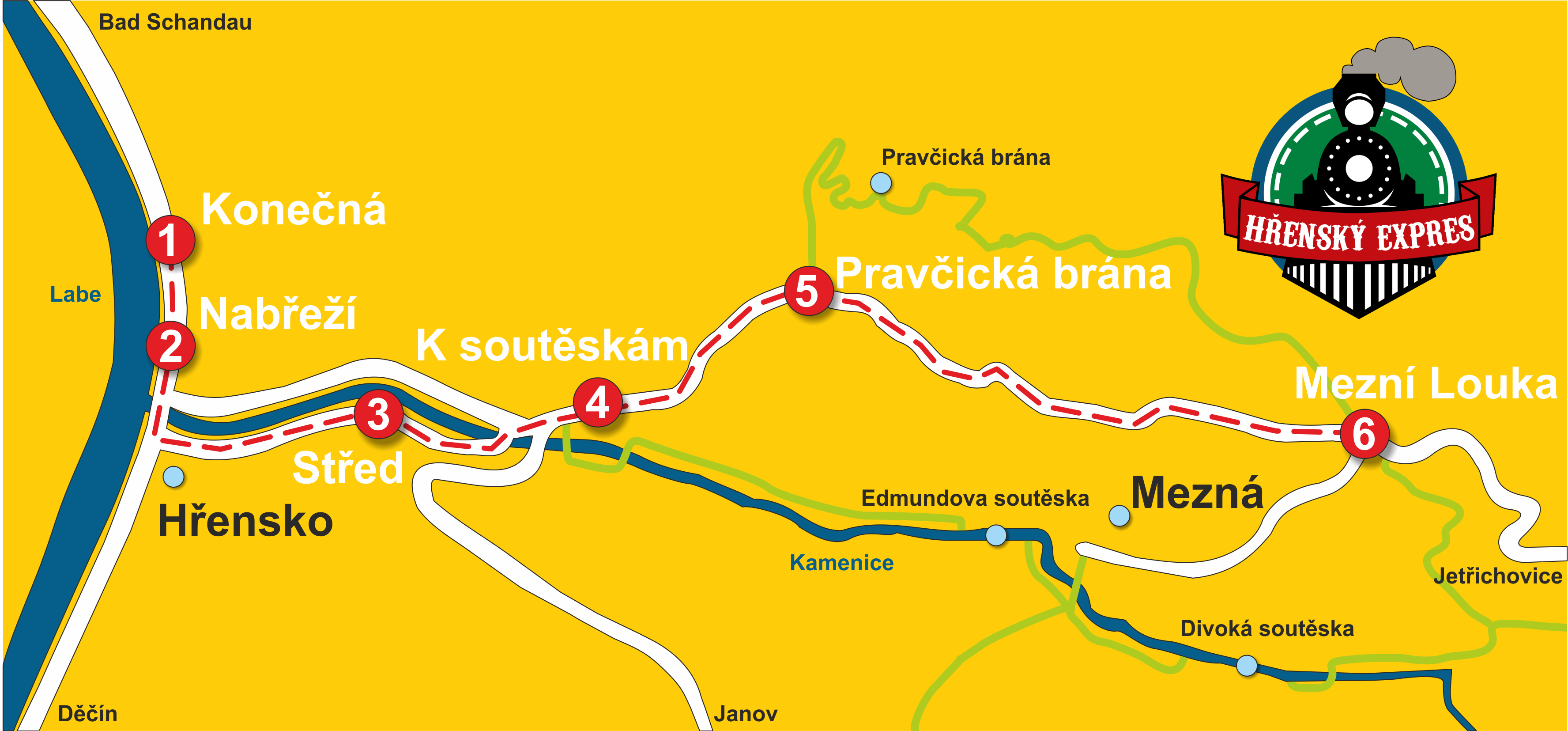 Hřenský expres - mapa zastávek