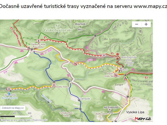 Dočasně uzavřené turistické trasy vyznačené na serveru www.mapy.cz