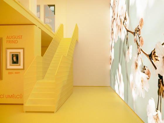 Vizualizace návrhu Qubus a spol. - převýšený prostor s novým ocelovým schodištěm a velkoformátovou projekční stěnou stěnou, zdroj: Qubus