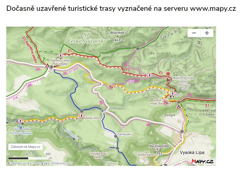 Dočasně uzavřené turistické trasy vyznačené na serveru www.mapy.cz