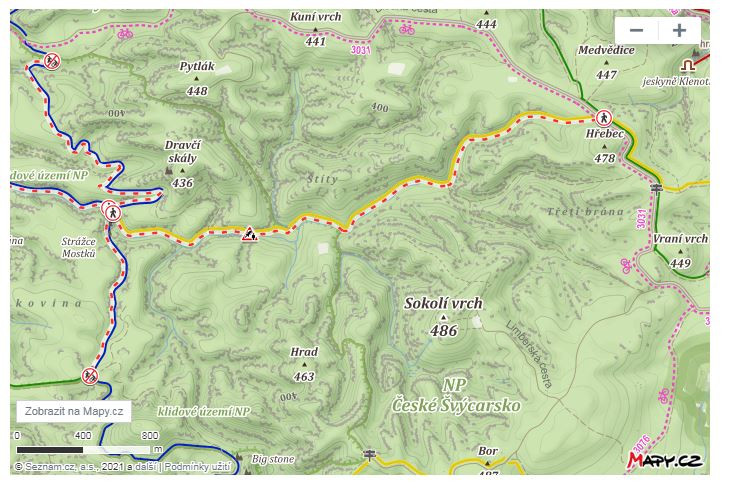 Dočasně uzavřené turistické trasy vyznačené na serveru www.mapy.cz