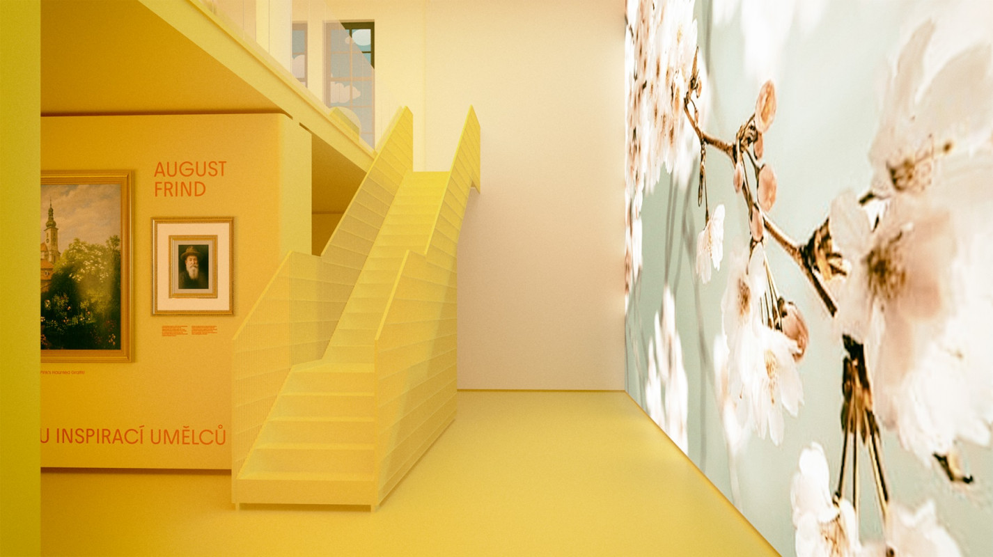 Vizualizace návrhu Qubus a spol. - převýšený prostor s novým ocelovým schodištěm a velkoformátovou projekční stěnou stěnou, zdroj: Qubus