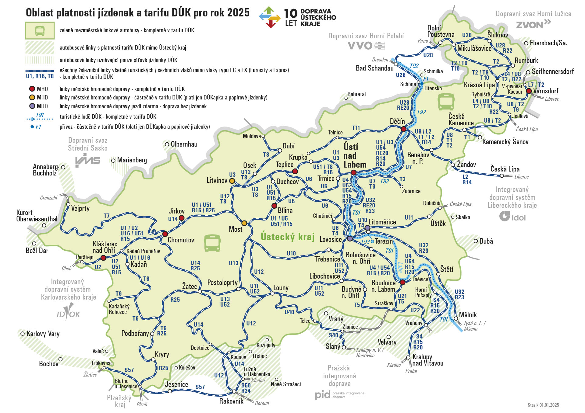 Oblast platnosti jízdenek a tarifu DÚK pro rok 2025