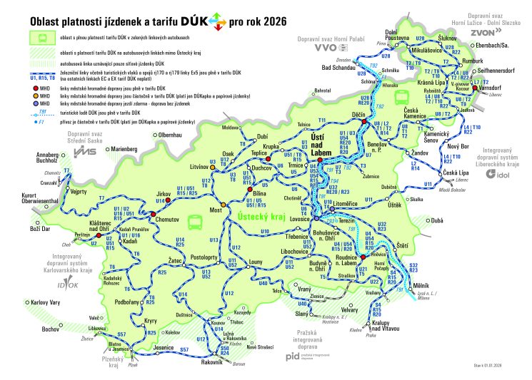 grafická mapa platnosti jízdenek a tarifů v Ústeckém kraji