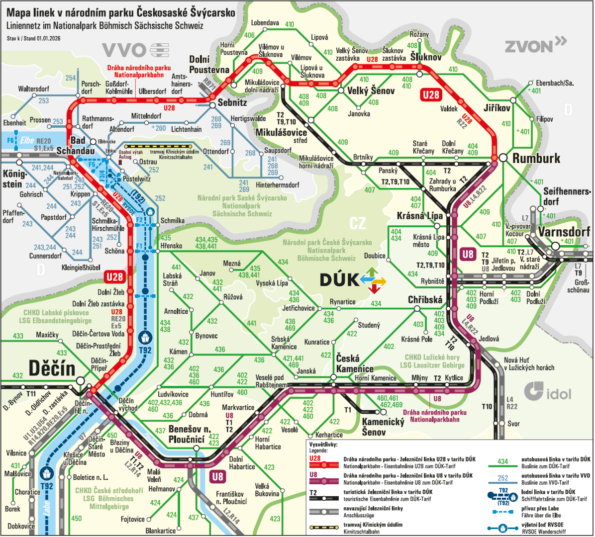 Mapa linek v národním parku Českosaské Švýcarsko